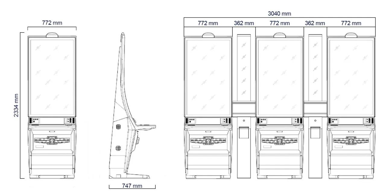 Dibujo técnico con medidas del mueble Diamond X correspondiente a la tragaperras Xtension Link.