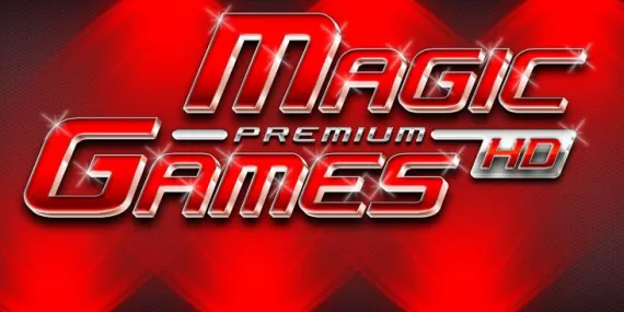 Logotipo en tonos rojos de la máquina de casino Magic Games Premium de NOVOMATIC